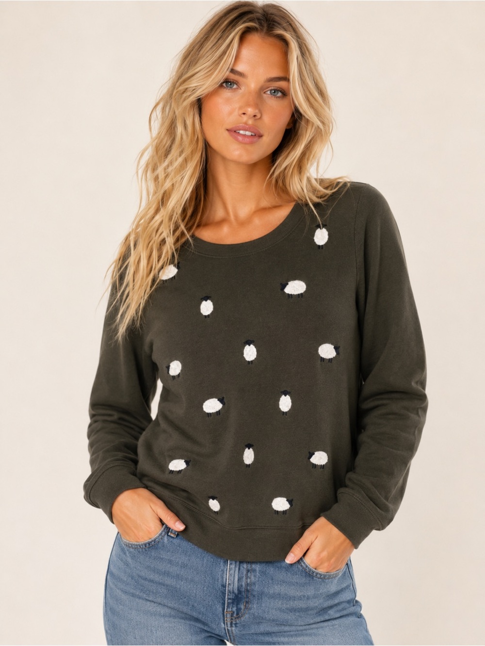 Olive Green Sheep Embroidered Sweatshirt Cozy Cottagecore Whimsical Farmcore‎ S
